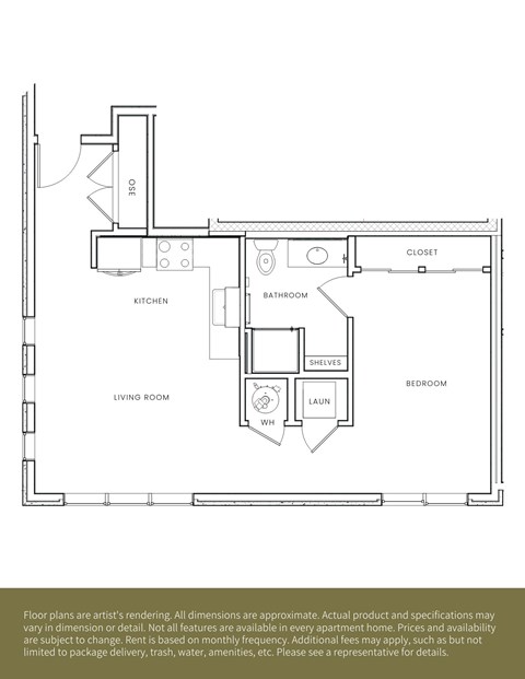Floor plan for studio, 1 bath, 665 sqft